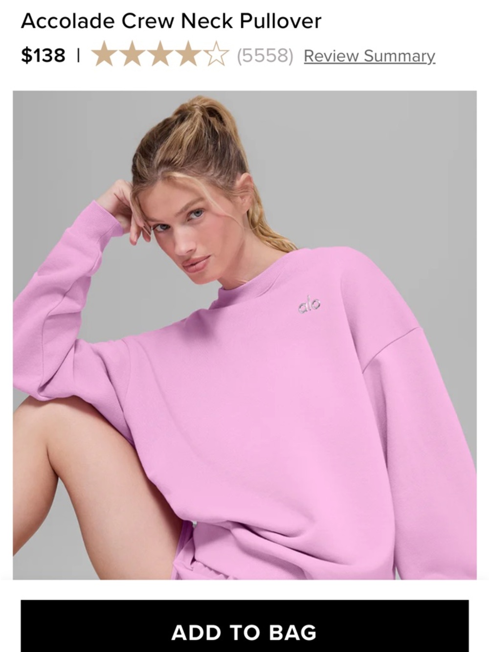 ALO Yoga Accolade Crew Neck Pullover Sweatshirt - Light Pink